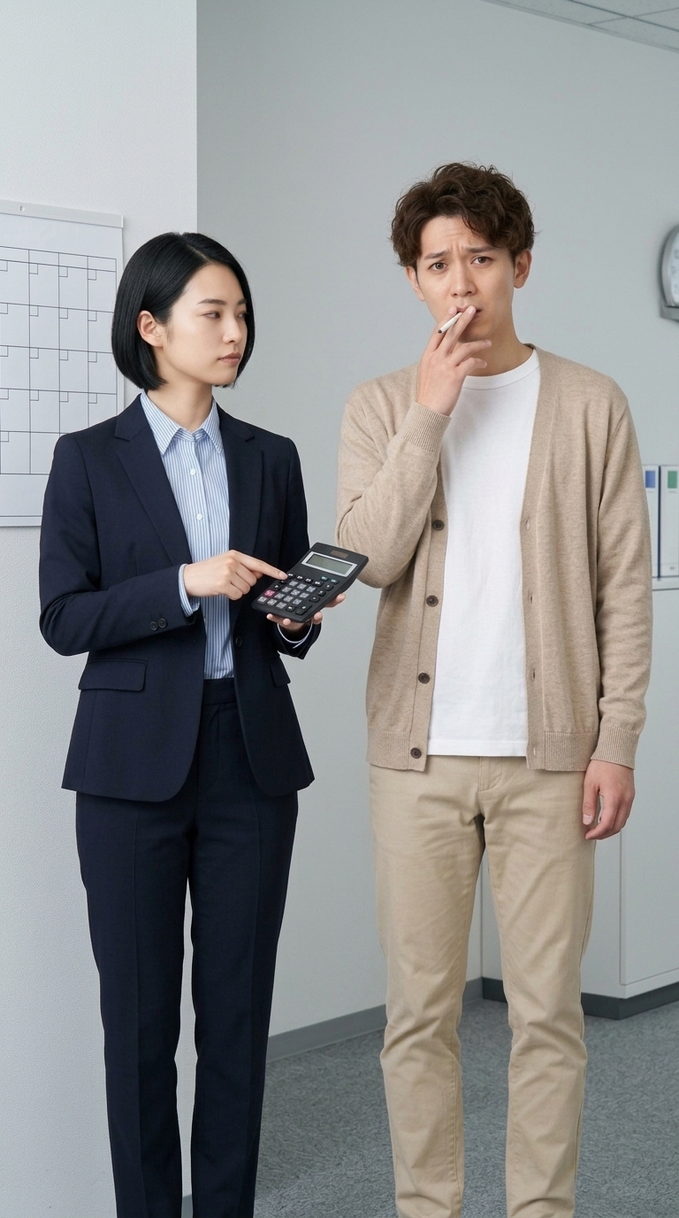 喫煙で寿命が縮まり2月が存在しないと理屈を説かれる同僚のイメージ
