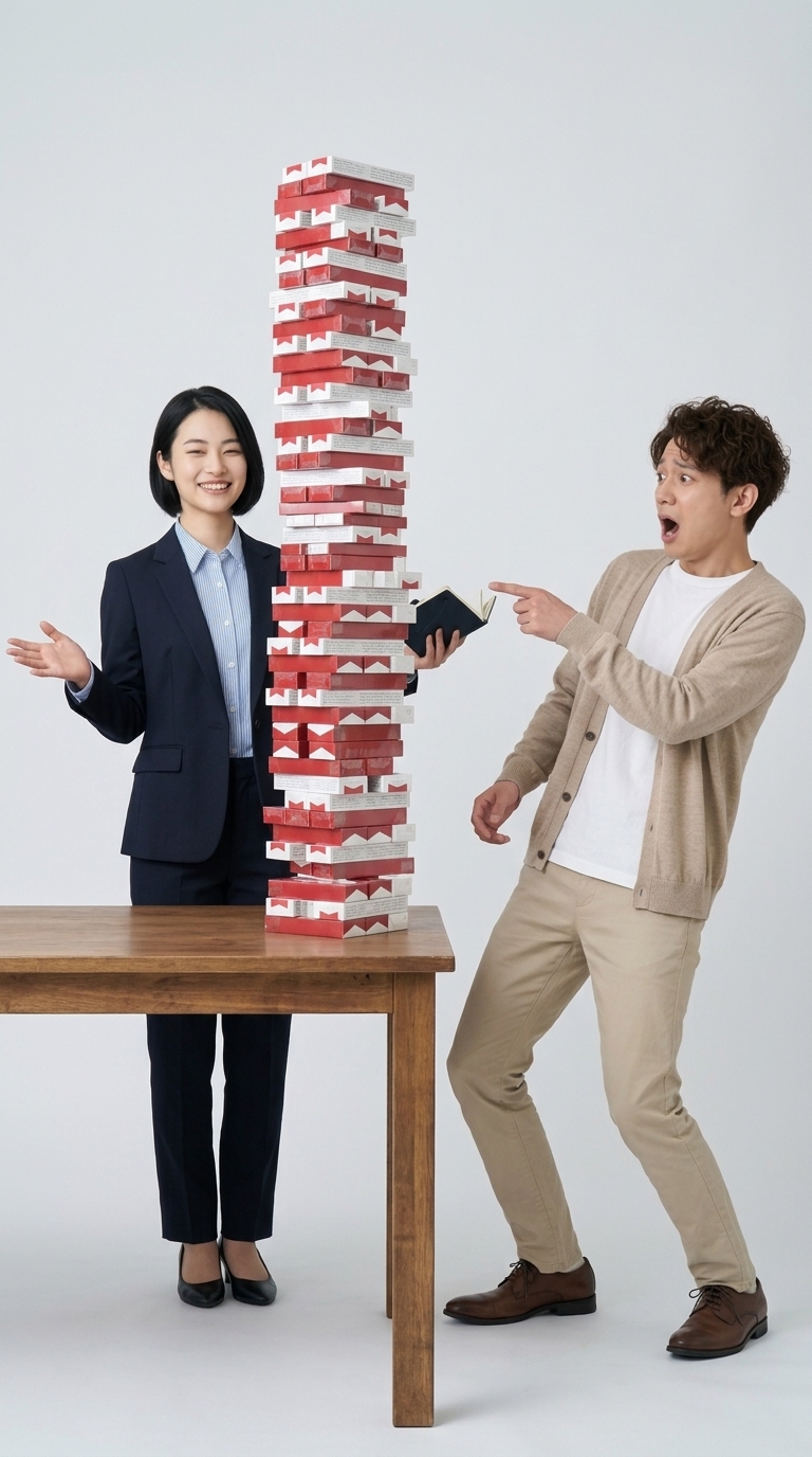 本数を増やせば出費がゼロになると熱弁されて呆然とする同僚のイメージ