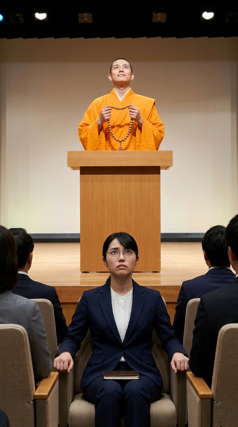 セミナー壇上で主宰者が出家を宣言し驚愕する会員のイメージ