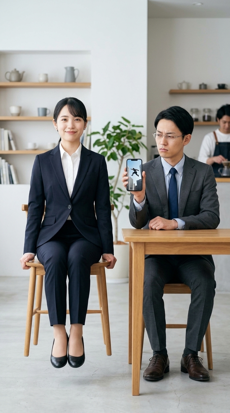 椅子で足を浮かせパルクールは簡単だと豪語する就活生のイメージ