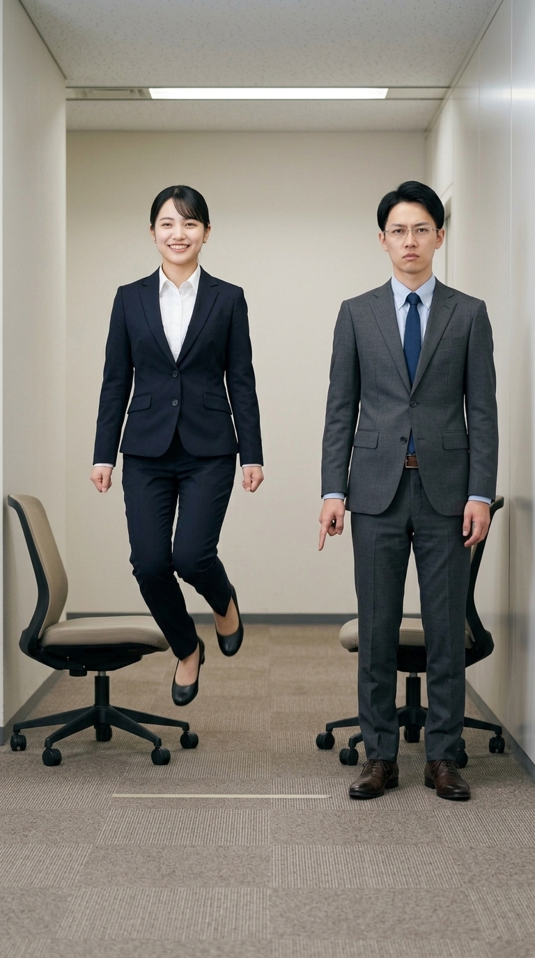 椅子と椅子の間を不自然なジャンプで跳び移ろうとするイメージ