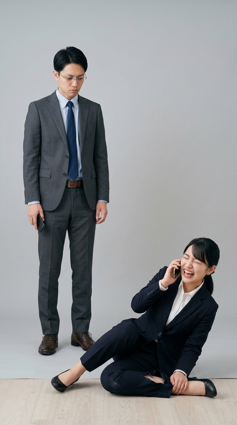 足を骨折しつつ電話で内定通知を受けて歓喜と激痛に叫ぶイメージ