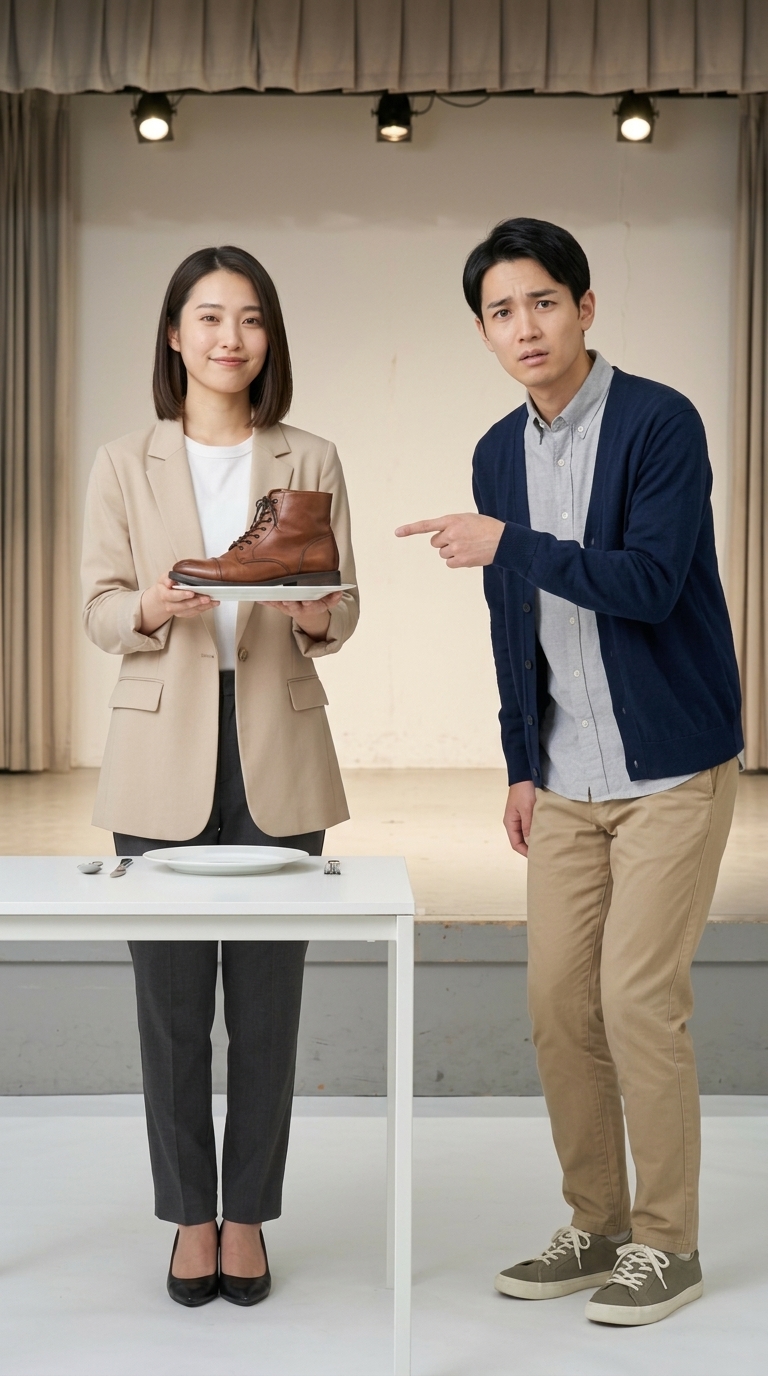 ホストファミリーの理不尽な設定に激しくツッコむ男性のイメージ