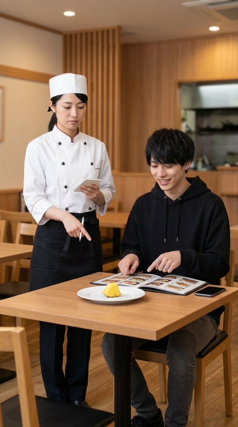 具材を抜きすぎてパイン1切れの注文になったことに驚く店員のイメージ