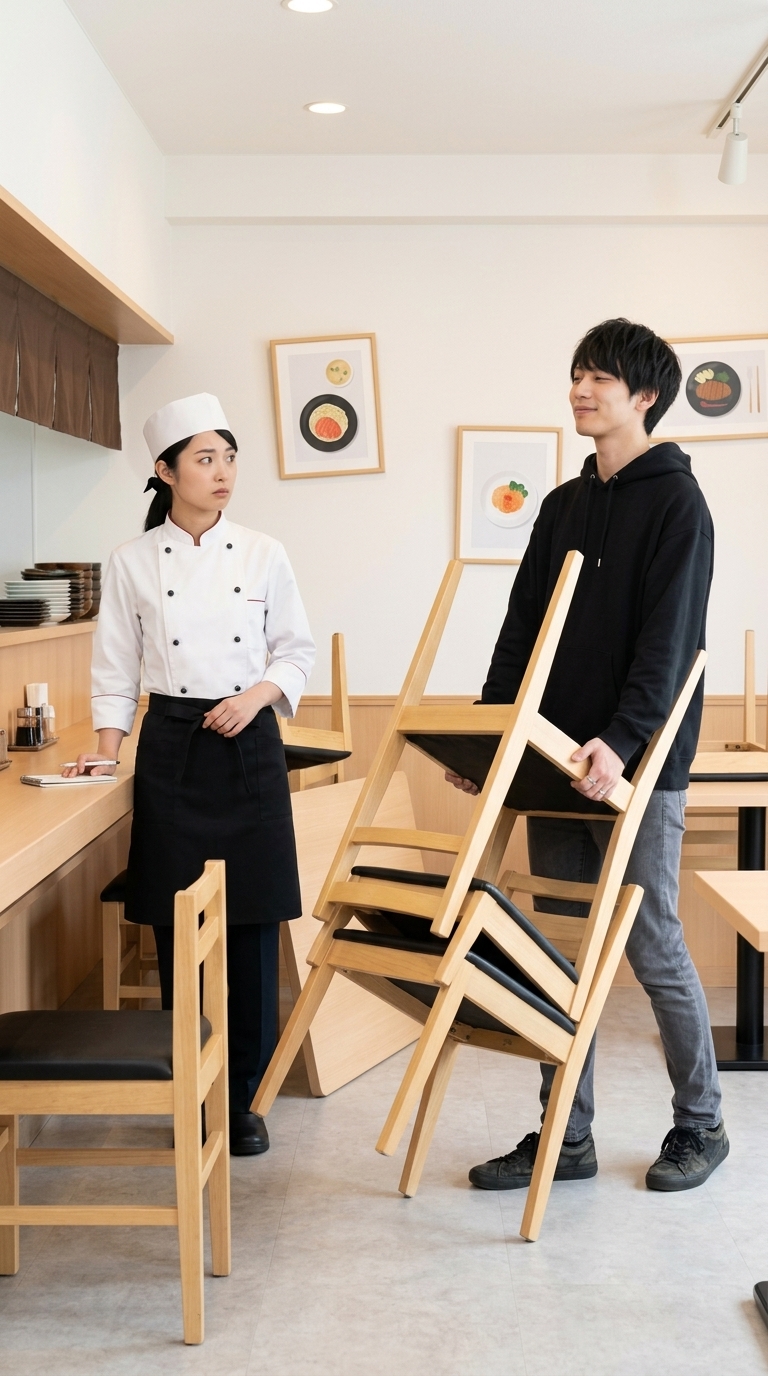 店の家具や装飾を勝手に動かす客に猛抗議する店員のイメージ
