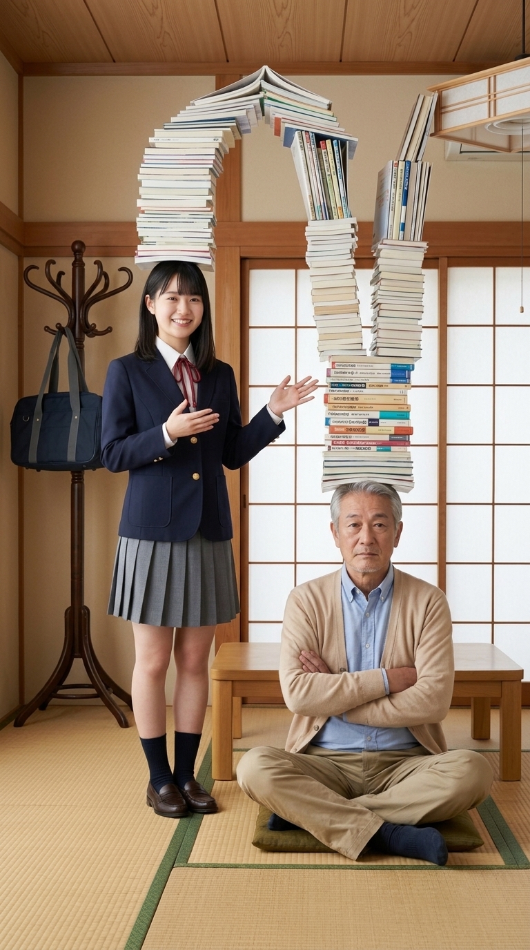一生懸命話す孫に対して冷静にダメ出しをする祖父のイメージ