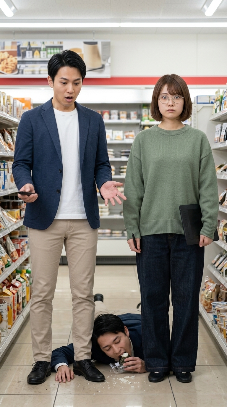 コンビニの床に落ちたおにぎりを手を使わずに直接食べるイメージ