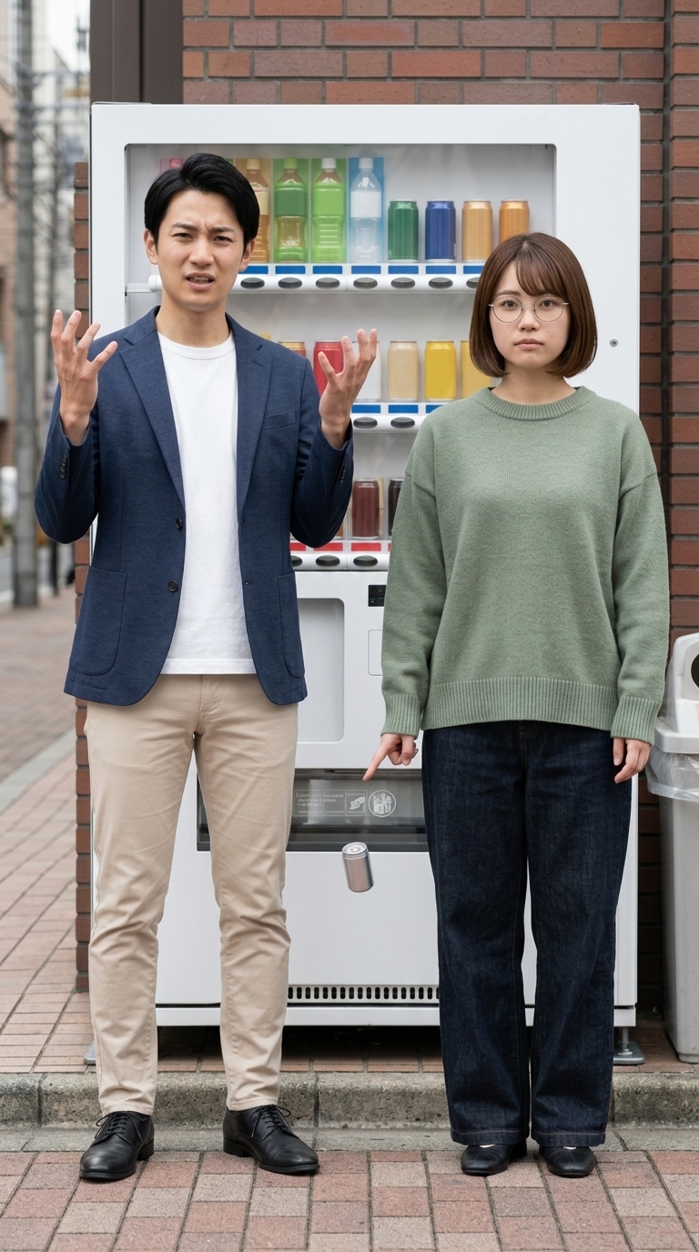 当たり付き自動販売機から極小の缶ジュースが出てくるイメージ