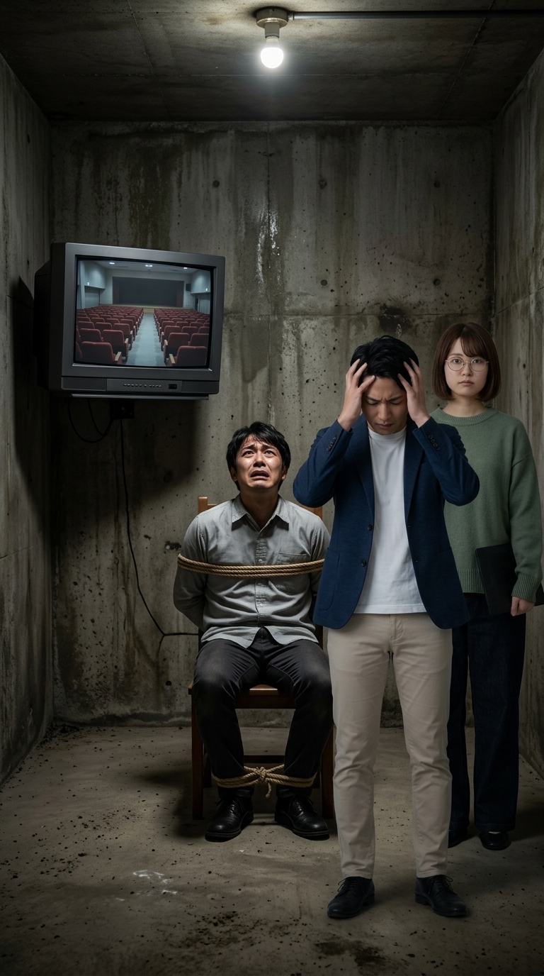 密室でモニターの舞台中継を見て絶望する囚われの人のイメージ