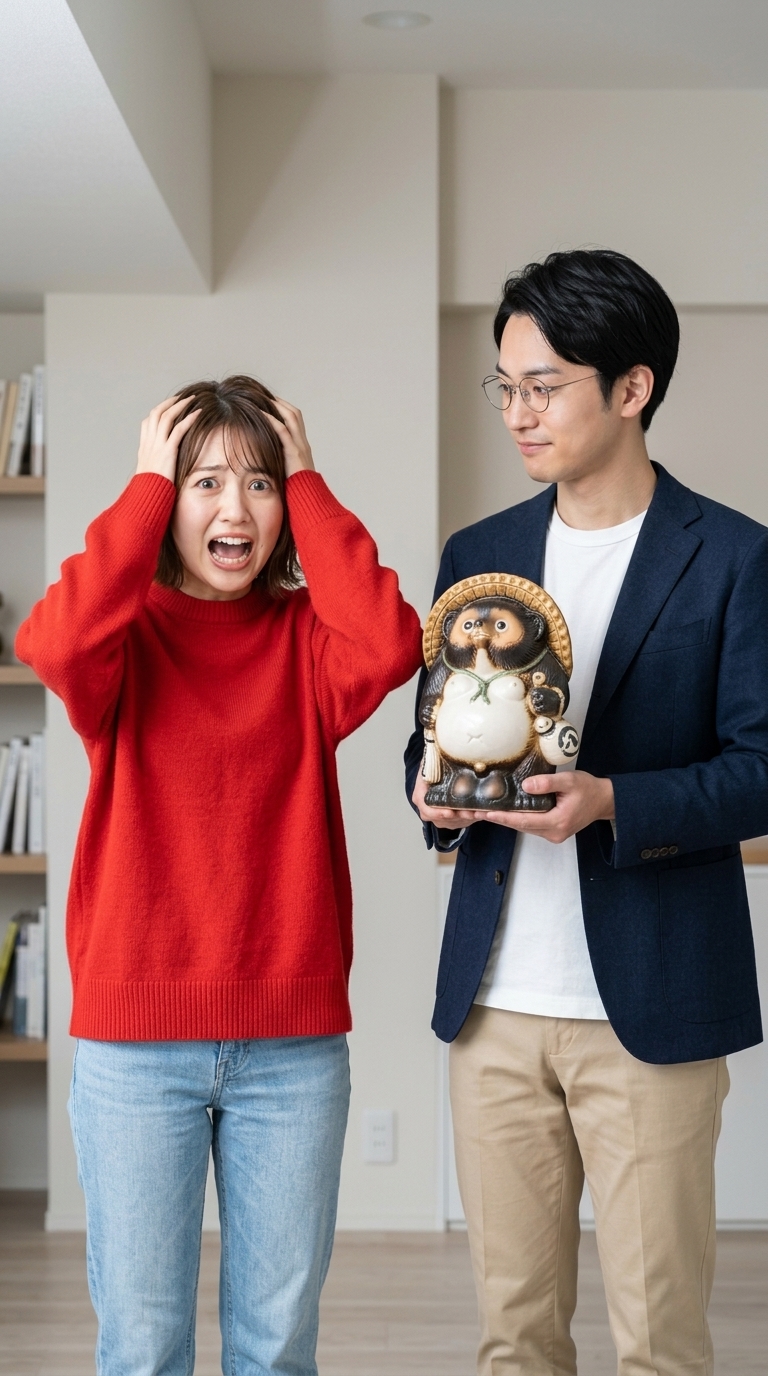 タヌキを焼いたと誤解し必死に止めに入る友人のイメージ