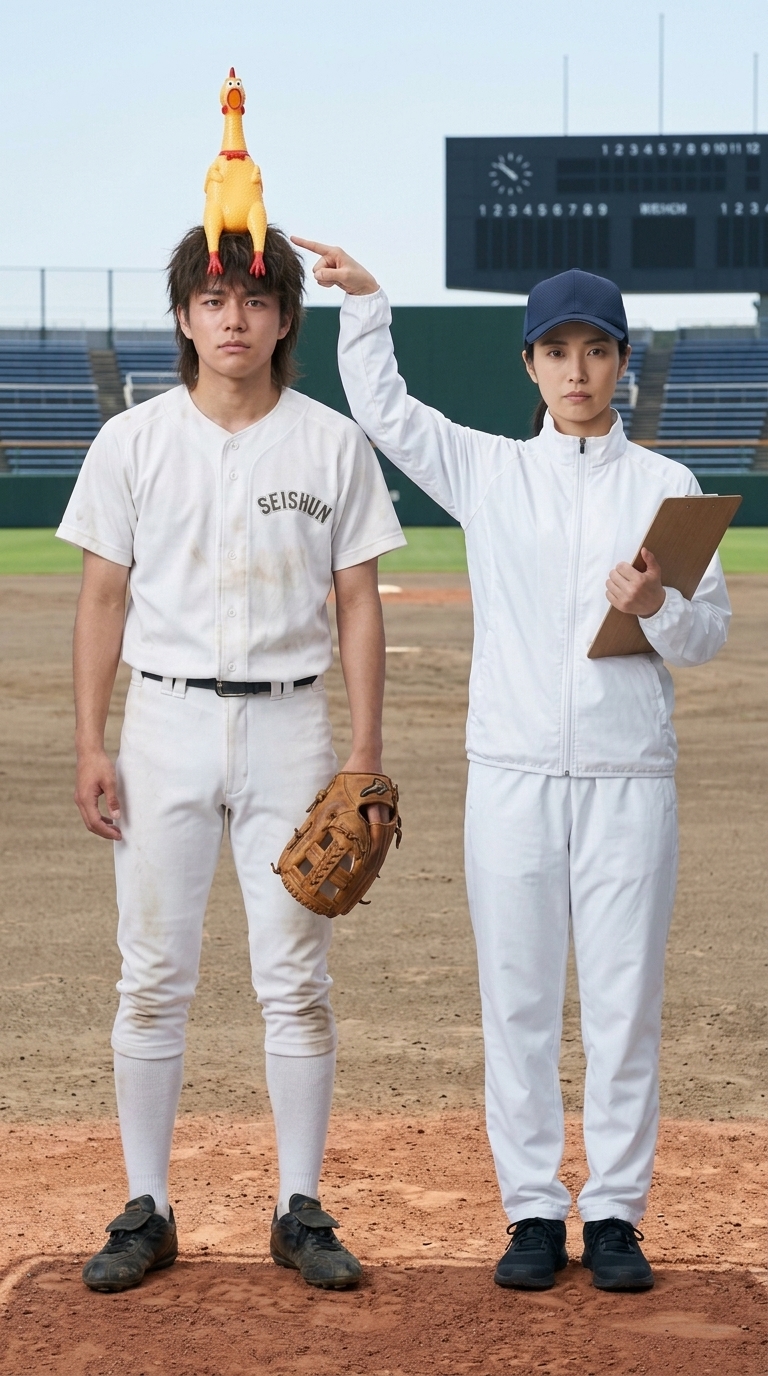 野球場で監督から頭部を厳しく指摘されて困惑する部員のイメージ