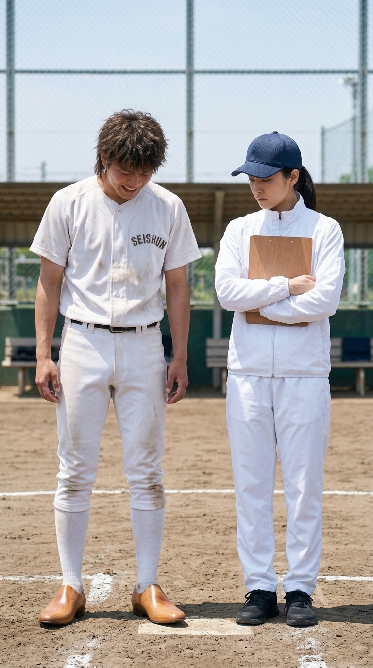 野球グラウンドで監督に足元を厳しく指摘されるイメージ