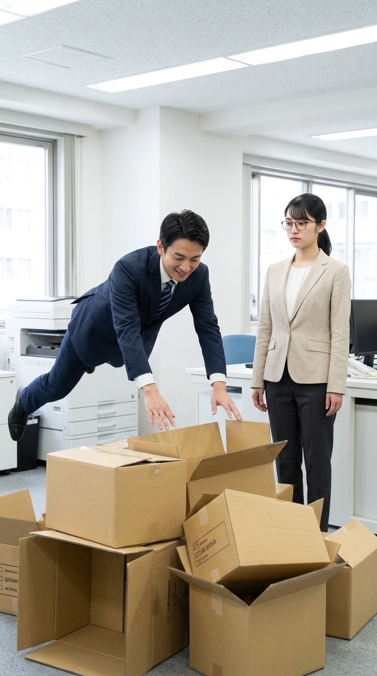 言い過ぎたと反省し自ら段ボール箱にダイブするイメージ