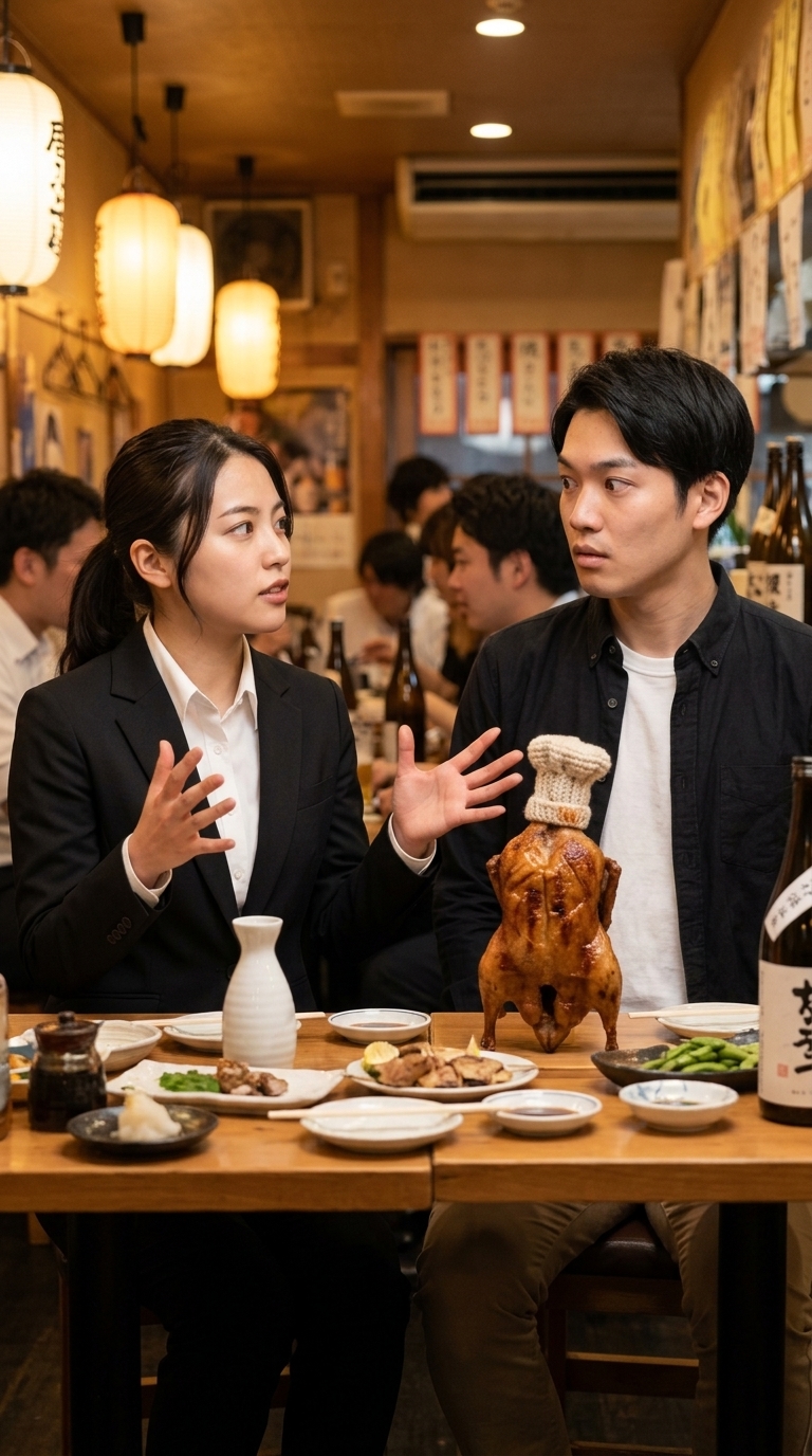 圧倒的なトーク力で飲み会を仕切る女性芸人に圧倒されるイメージ