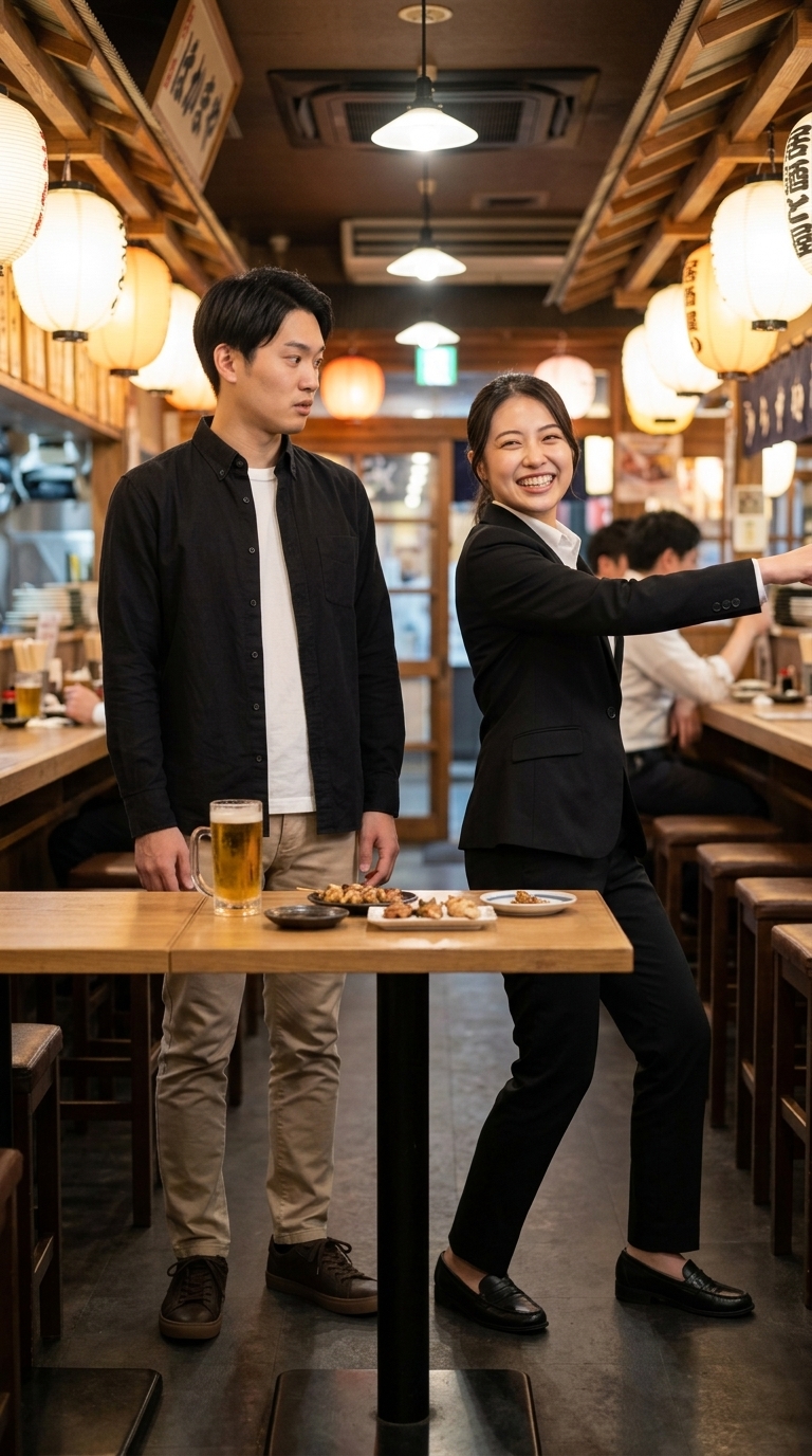 告白の返事の代わりに漫才の立ち位置へ移動する女性芸人のイメージ
