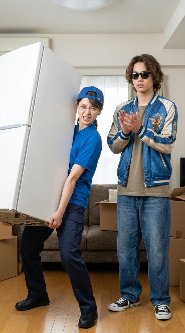 煽ってくる後輩に対し先輩が重い荷物を運びながら怒鳴るイメージ