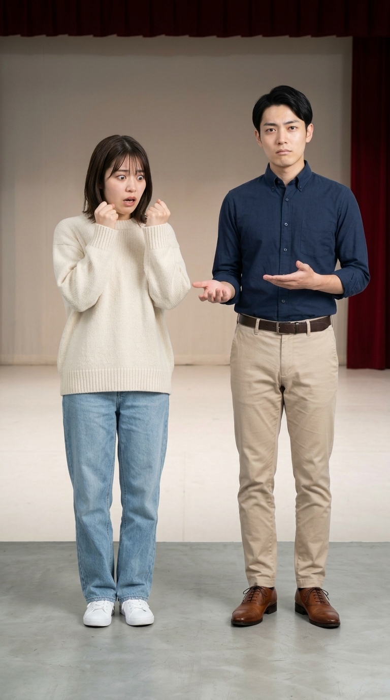 まだ始まっていないのに拳を握りしめて大げさに叫ぶイメージ
