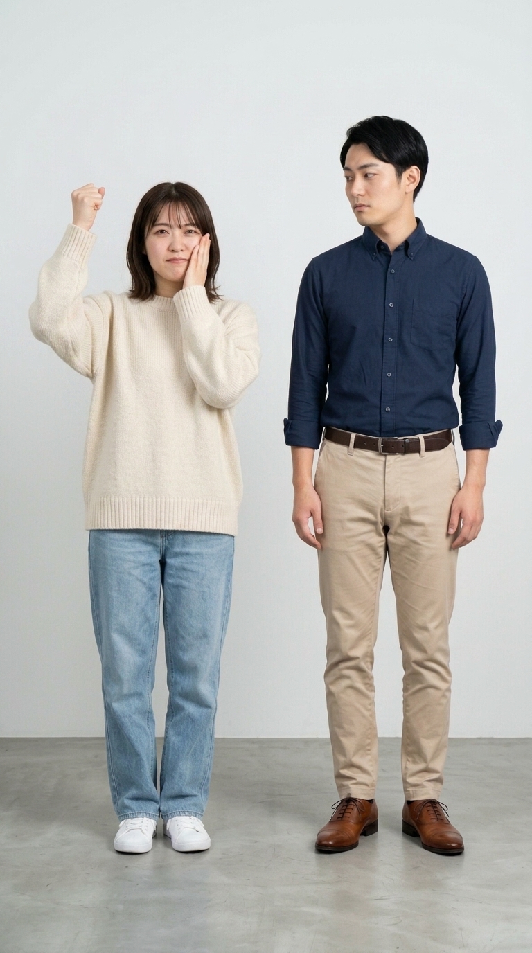 頬に張り付いた手と固めた拳を同時に必死に維持するイメージ