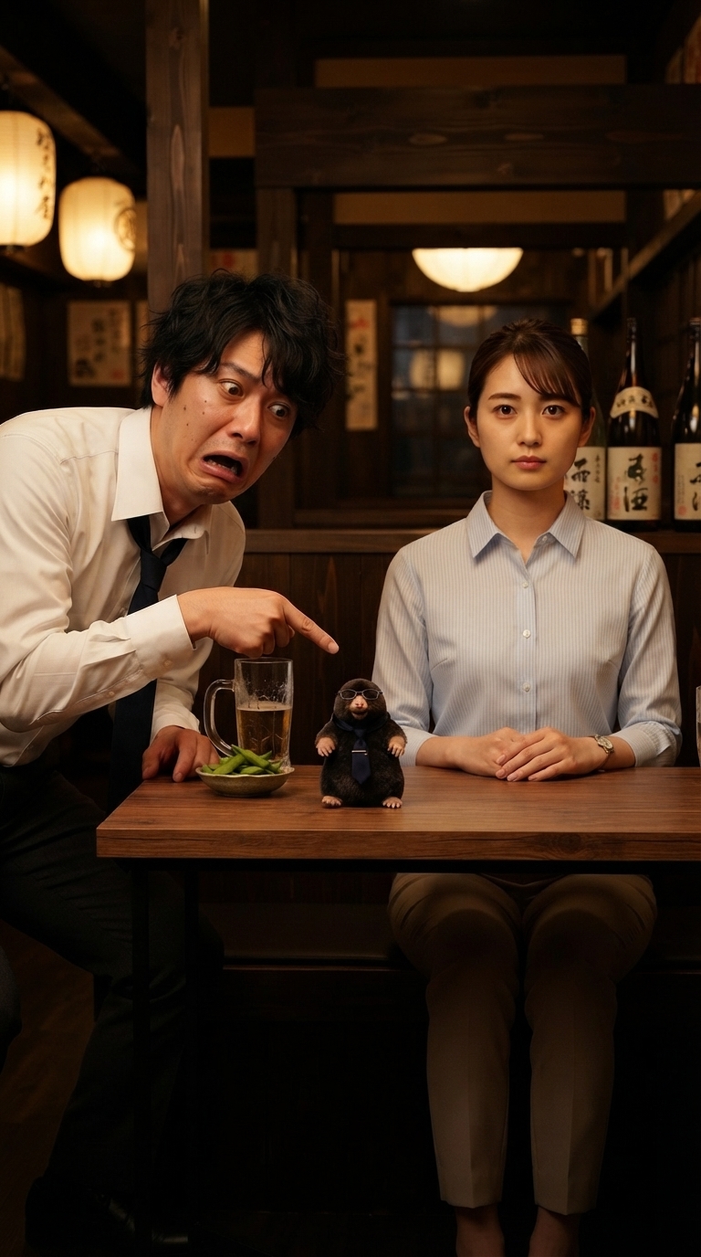 後輩が冷静な表情で自分も記憶がないと言い張るイメージ