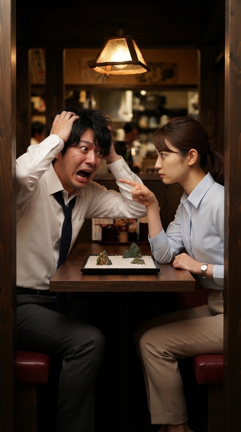 先輩が頭を抱えて自分の正気を疑いパニックになるイメージ