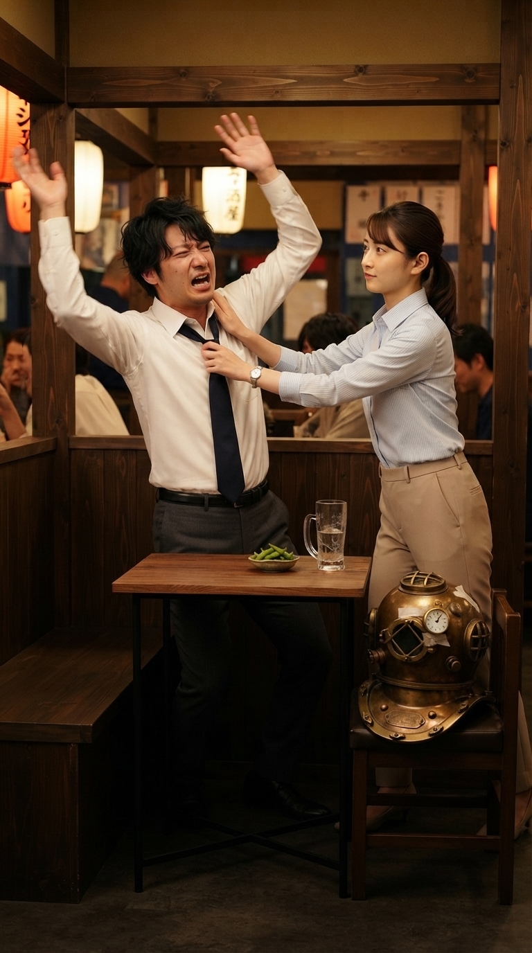 先輩が必死に否定するも泥酔扱いされ抑え込まれるイメージ