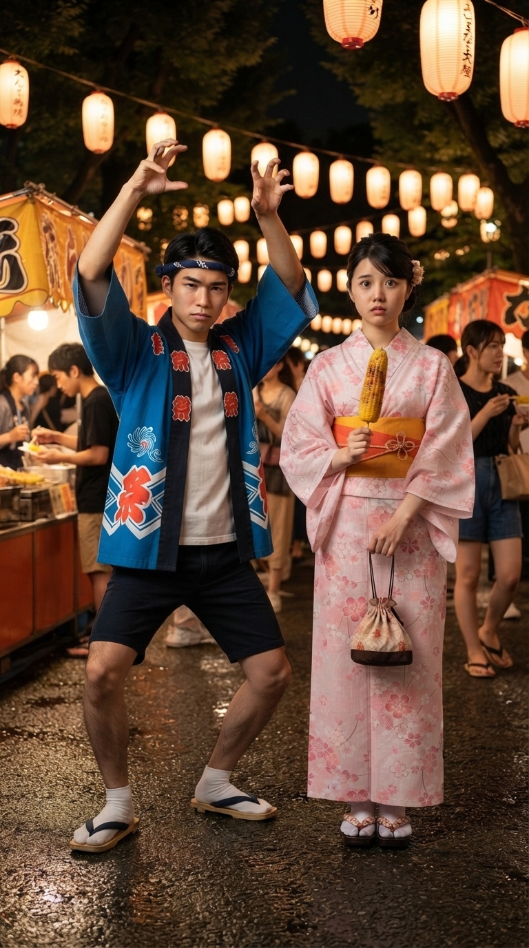 提灯が灯る夏祭りで勢いよく音頭を踊り始めるイメージ