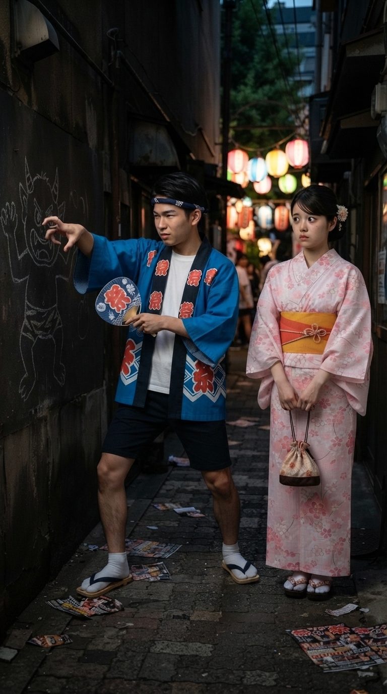 怪物の影に向かって威勢よく音頭のポーズを取るイメージ