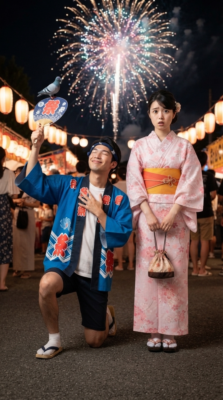 打ち上げ花火の下で切なげに音頭を締めくくるイメージ