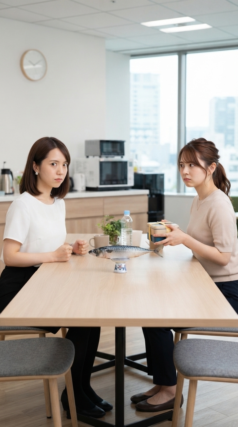 同僚とのランチ中に突然狂気的な怒りの表情を見せる女性のイメージ