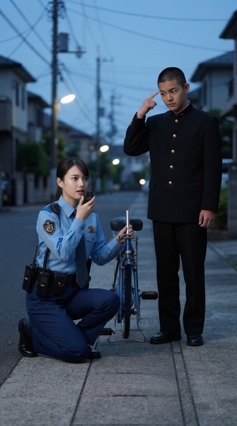 警官に自転車の盗難を疑われ困惑する男子高校生のイメージ